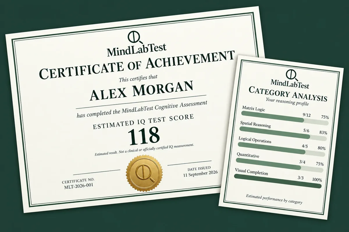 MindLabTest certificate of achievement next to a category analysis sheet